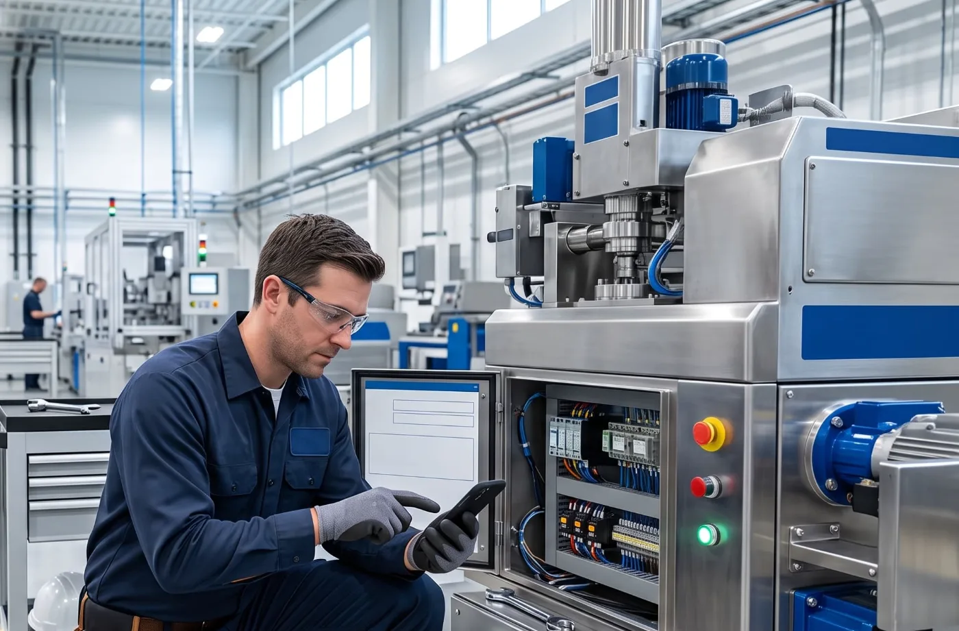A maintenance technician kneeling at a machine, recording the job on a phone held in gloved hands.