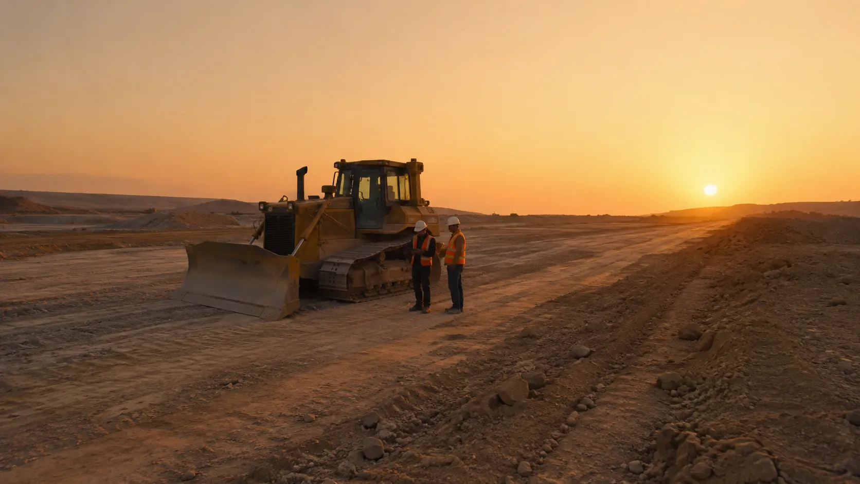 Two technicians in hi-vis standing beside a tracked bulldozer on a pit floor at sunset.